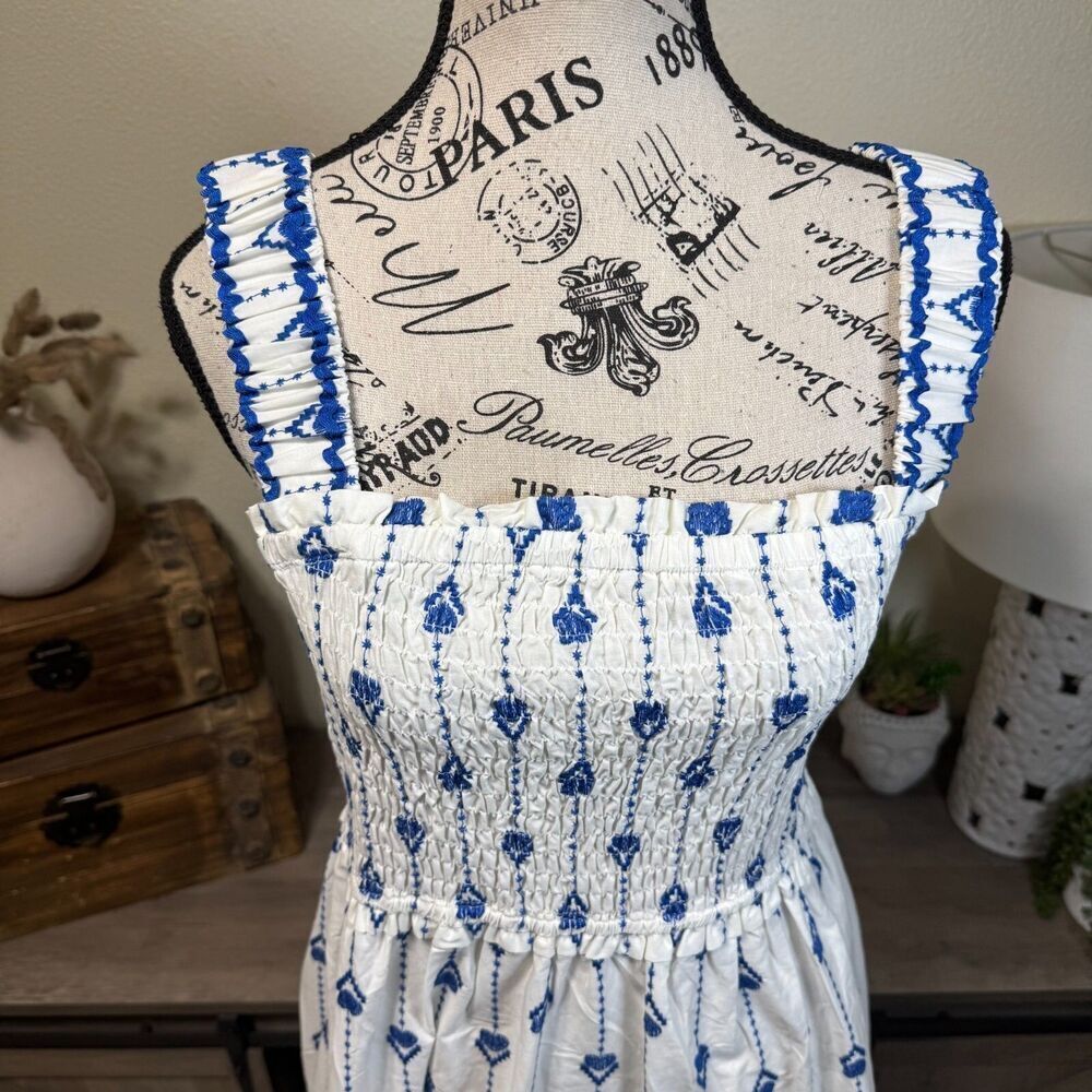 Umgee Blue/White Floral Embroidered Midi Tiered Sundress Size L Smocked Boho - Picture 2 of 8